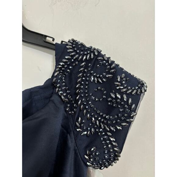 NWT La Femme 25996 Off the Shoulder Beaded Satin Trumpet Gown Blue Size 18 - Picture 6 of 10